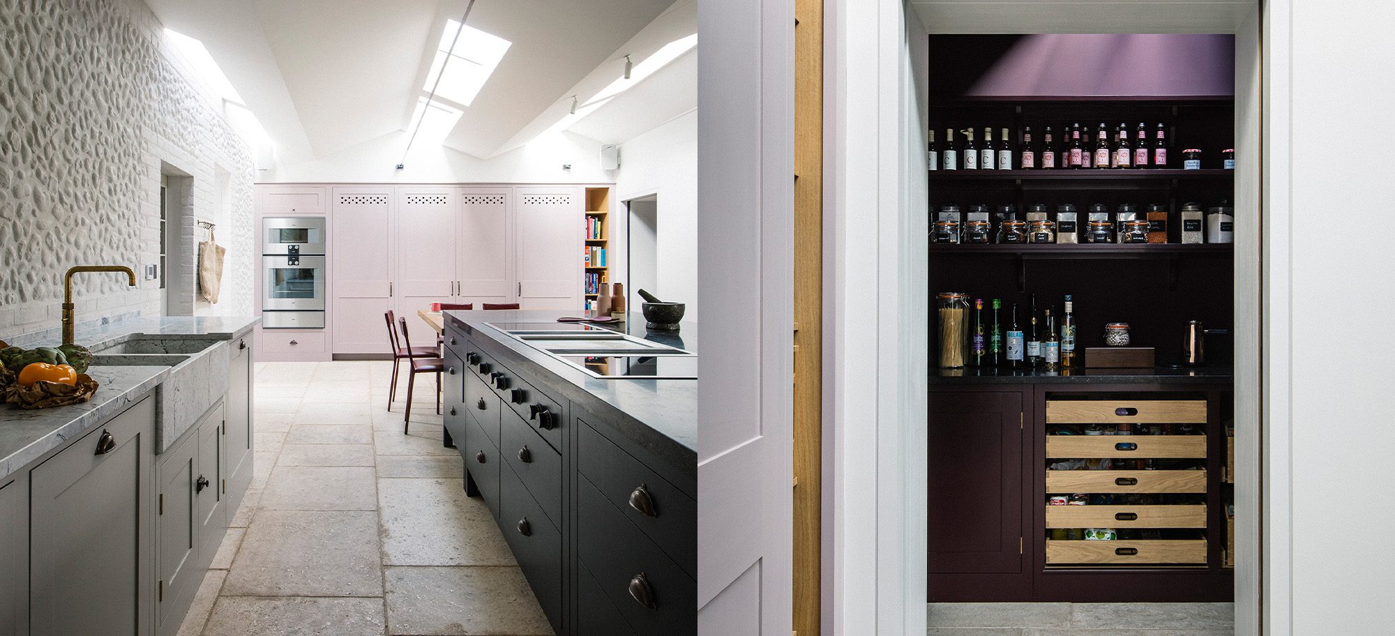  Custom cabinetry by Plain English featuring bespoke gray and dark cabinets with integrated appliances and open shelving.