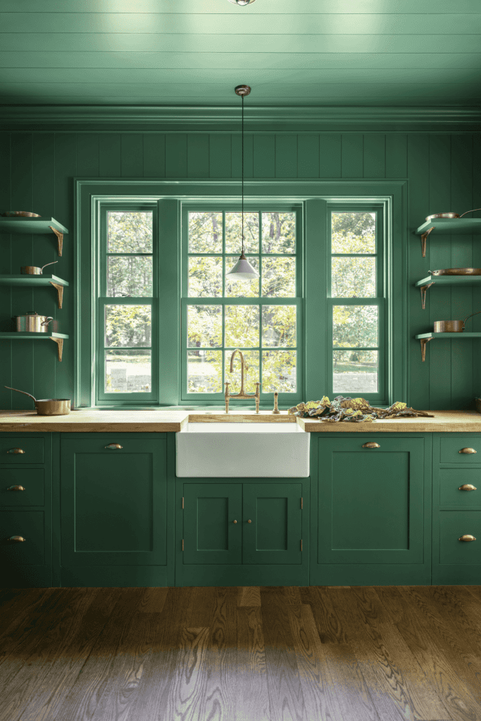 a custom kitchen with shaker-style cabinetry painted in a green hue called 